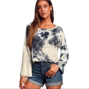 Lulus Margaret Navy Blue Beige Tie Dye Oversized Top Size Medium Made in USA
